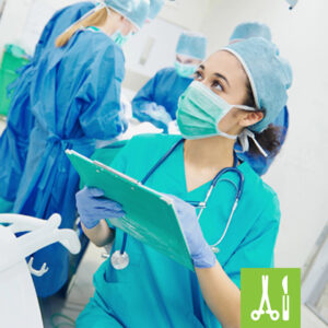 Surgical team in theatre, with a nurse holding a clipboard