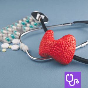Model of a thyroid gland with a stethoscope and tablets